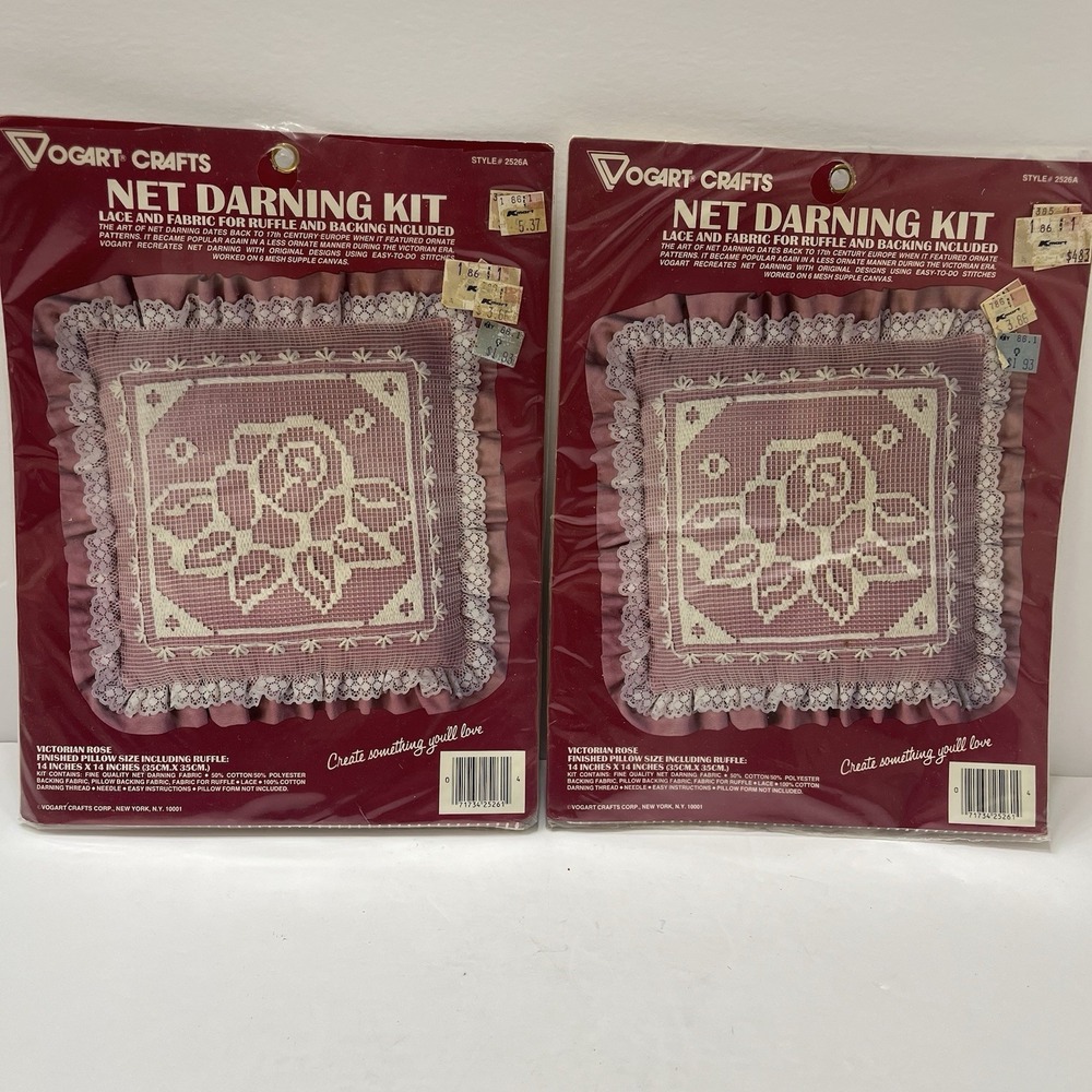 Vintage Vogart Crafts Net Darning Kits Set Of 2 Victorian Rose Decorative Pillow